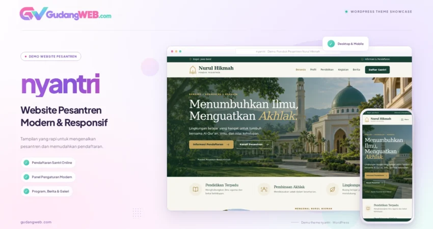 Demo website pesantren nyantri pada desktop dan ponsel dengan identitas GudangWEB